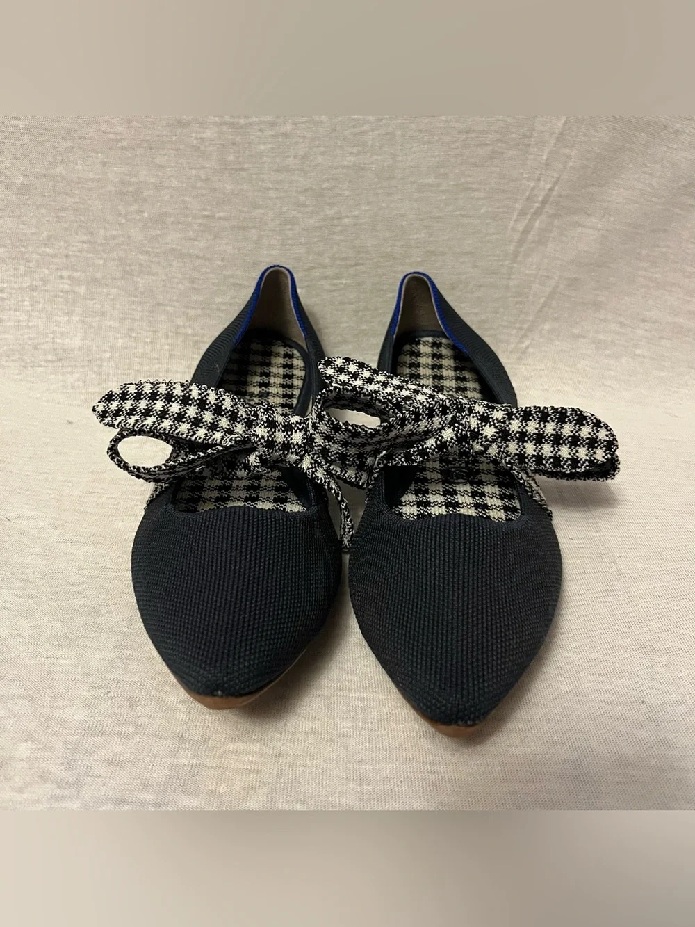 Rothy's The Point Mary Jane Bow Navy Flat with Houndstooth Bow